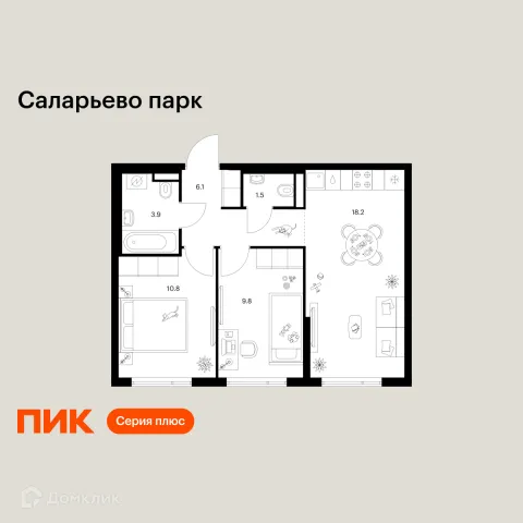 Планировка 2 комн. в ЖК Саларьево парк