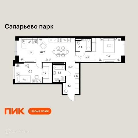 Планировка 2 комн. в ЖК Саларьево парк