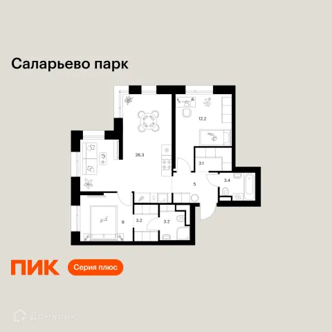 Планировка 2 комн. в ЖК Саларьево парк
