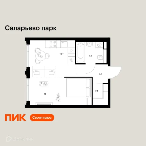 Планировка 1 комн. в ЖК Саларьево парк