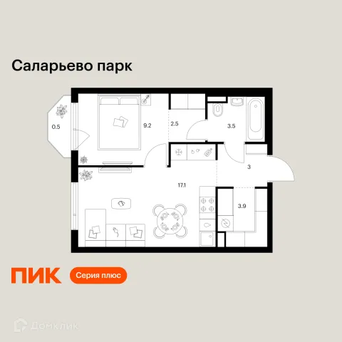 Планировка 1 комн. в ЖК Саларьево парк