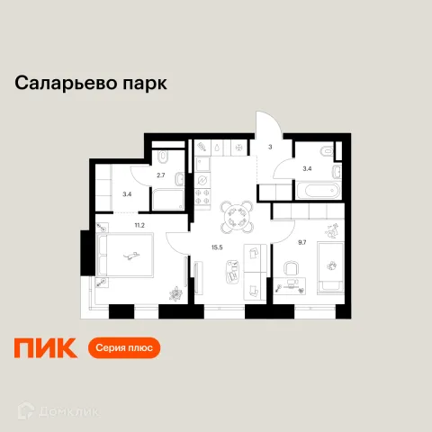 Планировка 2 комн. в ЖК Саларьево парк