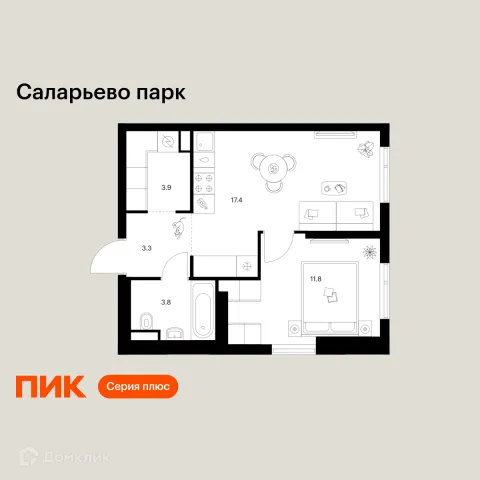 Планировка 1 комн. в ЖК Саларьево парк