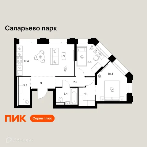 Планировка 2 комн. в ЖК Саларьево парк
