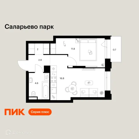 Планировка 1 комн. в ЖК Саларьево парк