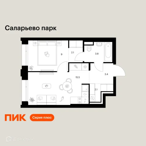 Планировка 1 комн. в ЖК Саларьево парк