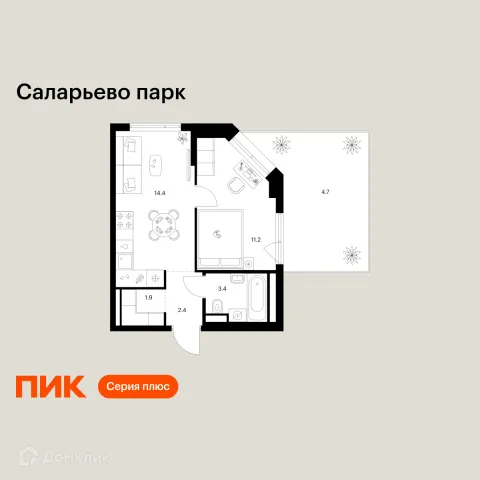 Планировка 1 комн. в ЖК Саларьево парк