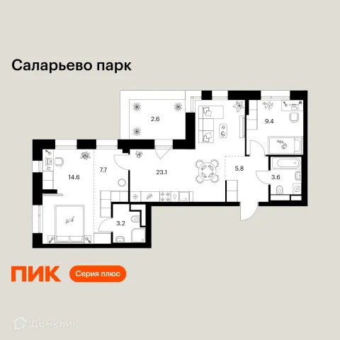 Планировка 2 комн. в ЖК Саларьево парк