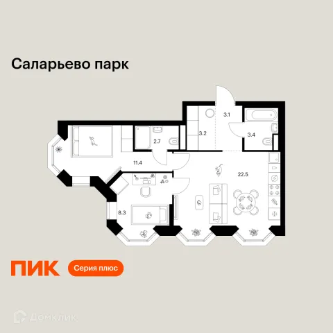 Планировка 2 комн. в ЖК Саларьево парк
