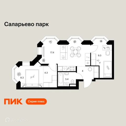 Планировка 2 комн. в ЖК Саларьево парк