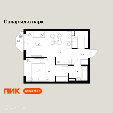 Планировка 1 комн. в ЖК Саларьево парк