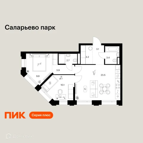Планировка 2 комн. в ЖК Саларьево парк