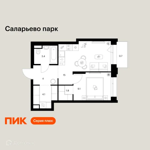Планировка 1 комн. в ЖК Саларьево парк