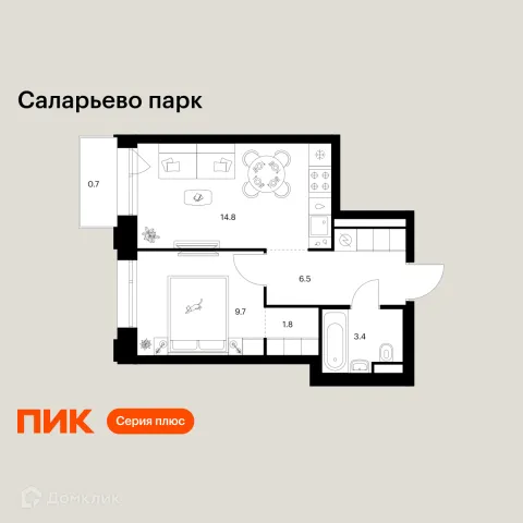 Планировка 1 комн. в ЖК Саларьево парк