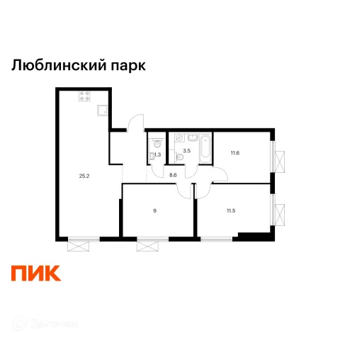 Планировка 3 комн. в ЖК Люблинский парк