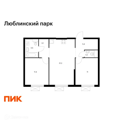 Планировка 2 комн. в ЖК Люблинский парк