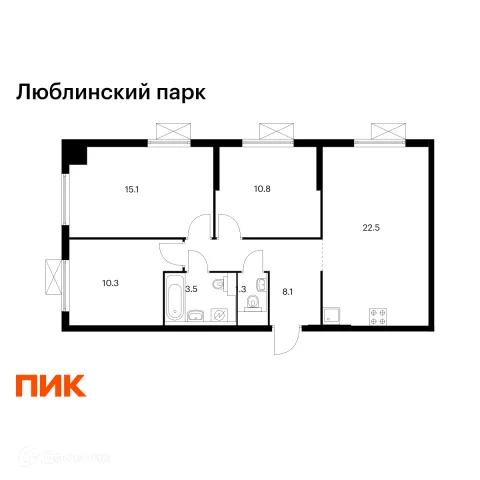 Планировка 3 комн. в ЖК Люблинский парк