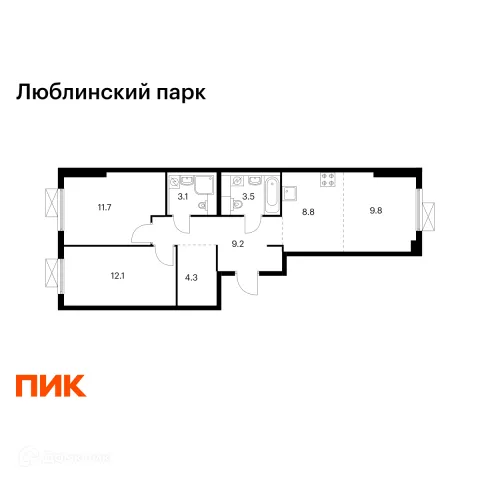 Планировка 2 комн. в ЖК Люблинский парк