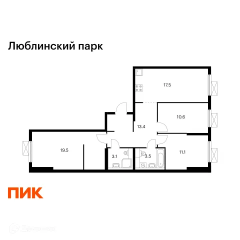 Планировка 3 комн. в ЖК Люблинский парк