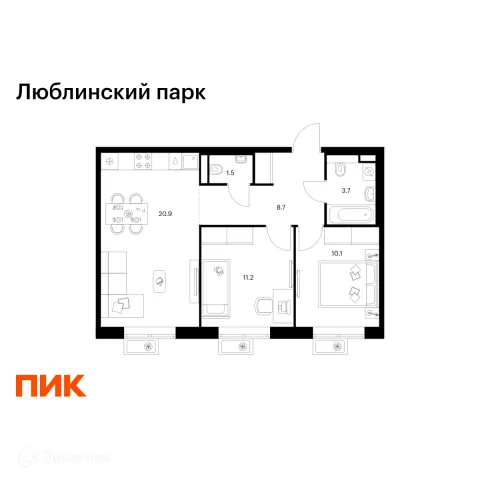Планировка 2 комн. в ЖК Люблинский парк