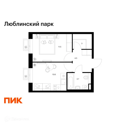 Планировка 1 комн. в ЖК Люблинский парк