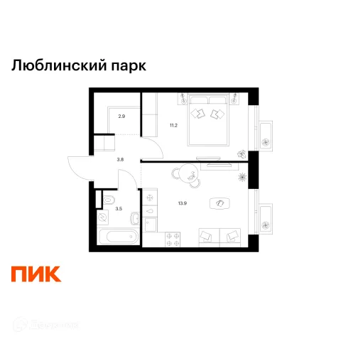 Планировка 1 комн. в ЖК Люблинский парк