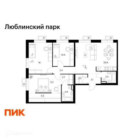 Планировка 3 комн. в ЖК Люблинский парк
