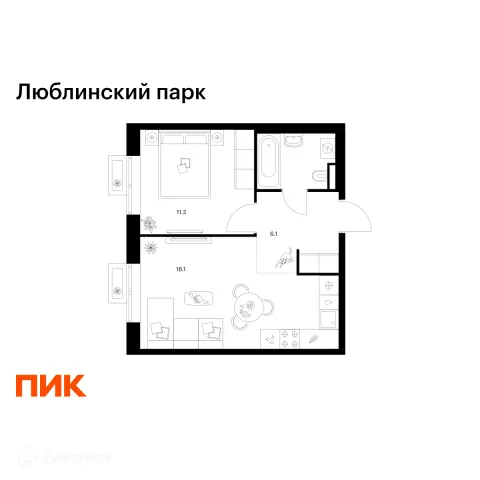 Планировка 1 комн. в ЖК Люблинский парк