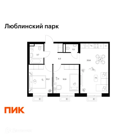 Планировка 2 комн. в ЖК Люблинский парк