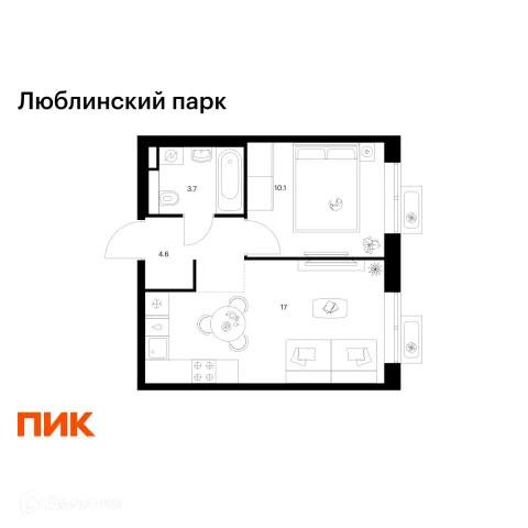 Планировка 1 комн. в ЖК Люблинский парк