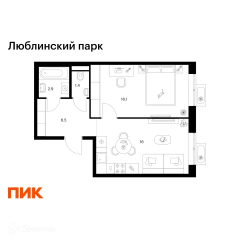 Планировка 1 комн. в ЖК Люблинский парк