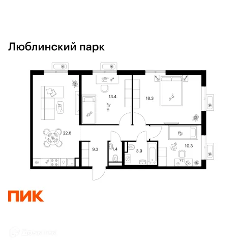 Планировка 3 комн. в ЖК Люблинский парк