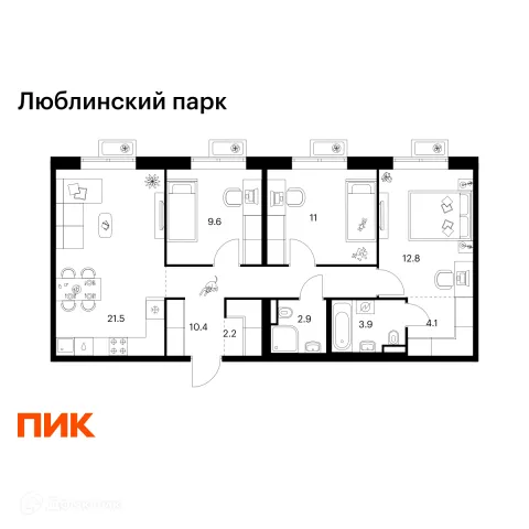 Планировка 3 комн. в ЖК Люблинский парк