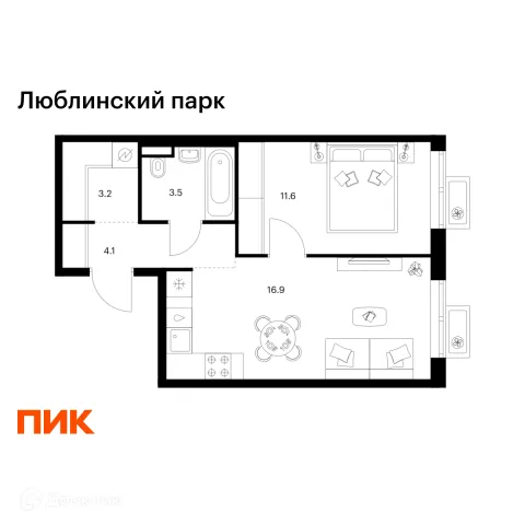Планировка 1 комн. в ЖК Люблинский парк
