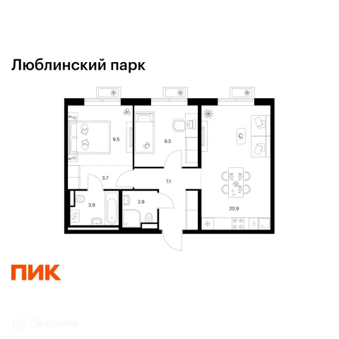 Планировка 2 комн. в ЖК Люблинский парк