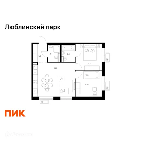 Планировка 2 комн. в ЖК Люблинский парк