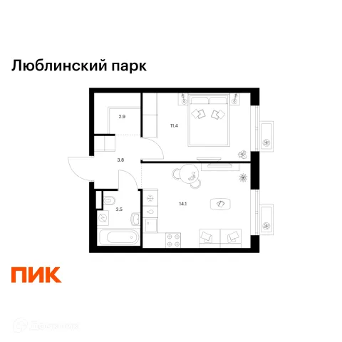 Планировка 1 комн. в ЖК Люблинский парк