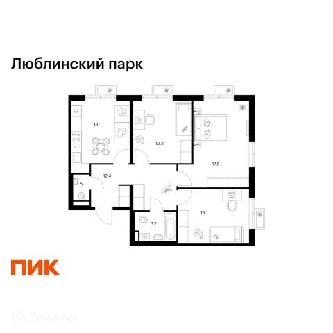Планировка 3 комн. в ЖК Люблинский парк