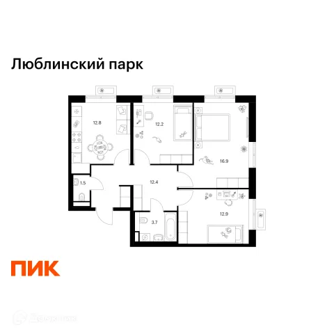 Планировка 3 комн. в ЖК Люблинский парк