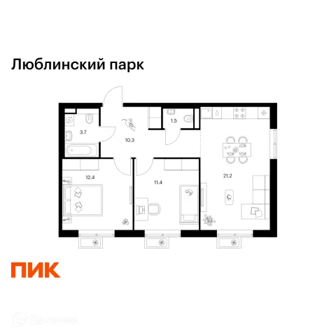 Планировка 2 комн. в ЖК Люблинский парк