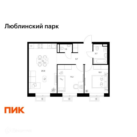 Планировка 2 комн. в ЖК Люблинский парк