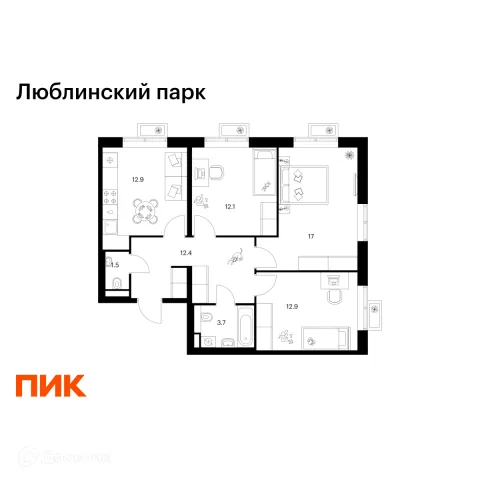 Планировка 3 комн. в ЖК Люблинский парк
