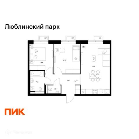Планировка 2 комн. в ЖК Люблинский парк