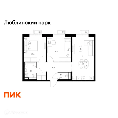Планировка 2 комн. в ЖК Люблинский парк