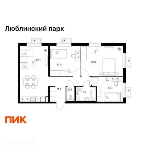 Планировка 3 комн. в ЖК Люблинский парк