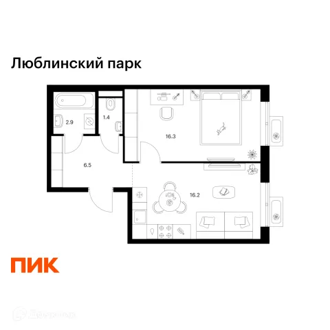 Планировка 1 комн. в ЖК Люблинский парк
