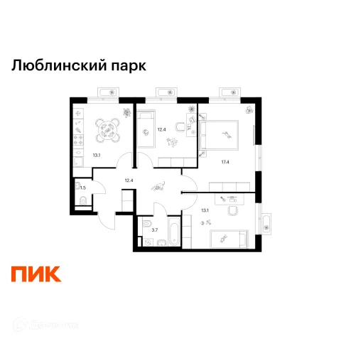 Планировка 3 комн. в ЖК Люблинский парк