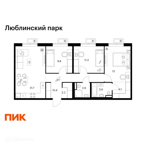 Планировка 3 комн. в ЖК Люблинский парк