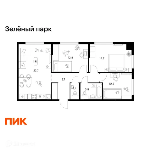 Планировка 3 комн. в ЖК Зелёный парк
