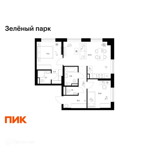 Планировка 2 комн. в ЖК Зелёный парк